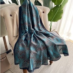 Miss Sofia Long Elegant Blue and Brown Patterned Scarf